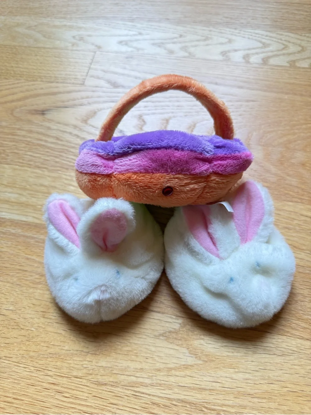Build-A-Bear White Bunny Plush Slippers with Easter Basket.